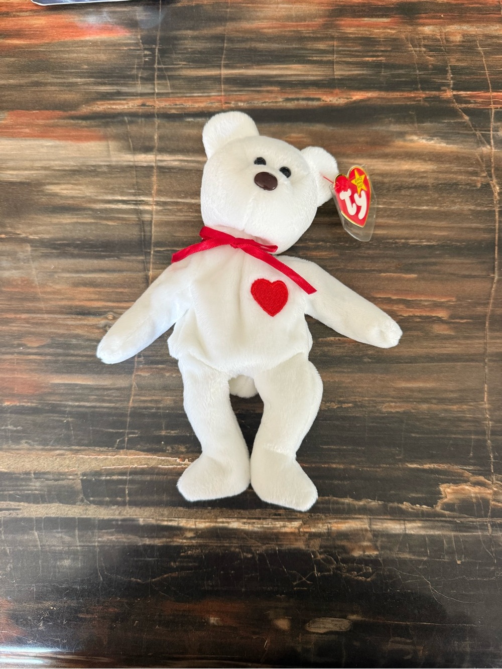 Ty White Heart Bear Plush with Red Heart & Ribbon